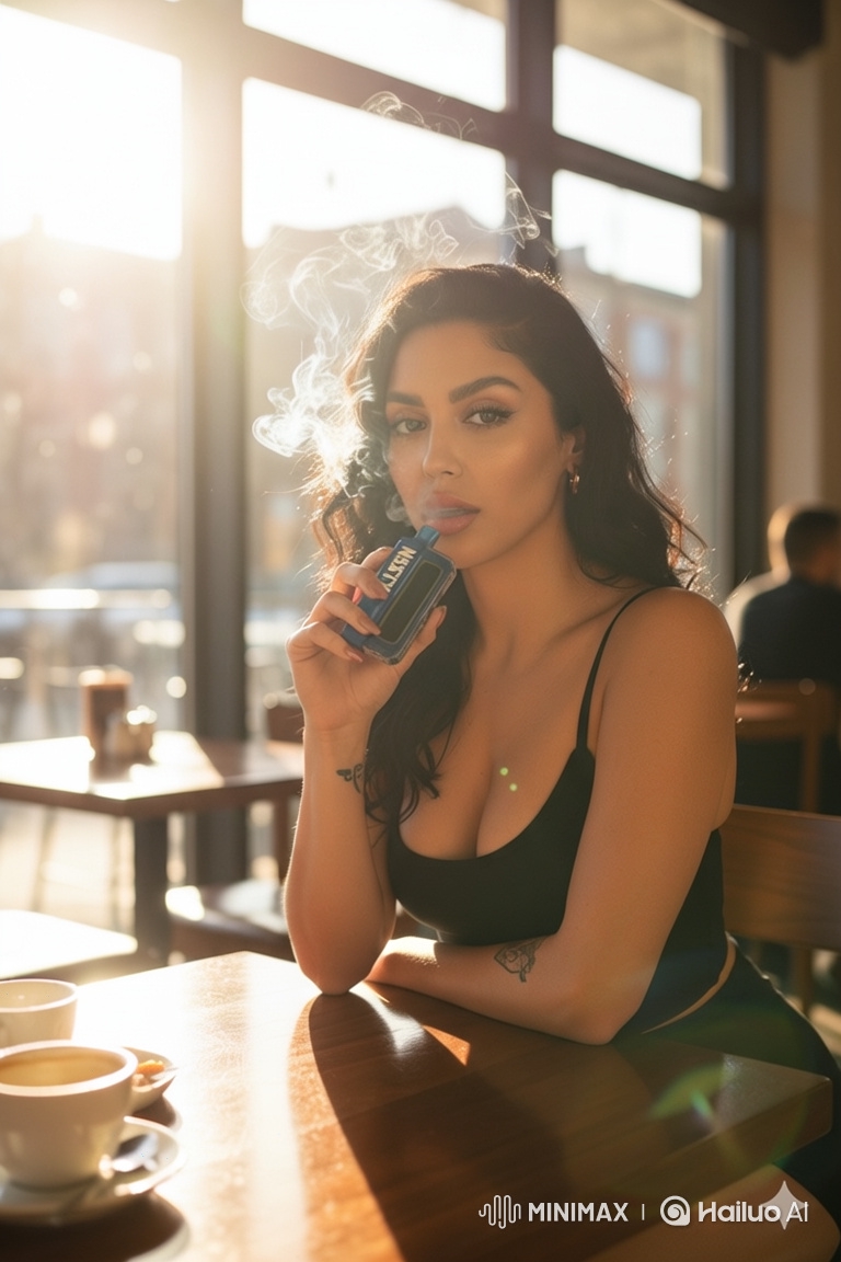 Vaporizing Beauty: A Café Scene with a Woman and Her Blue Vape