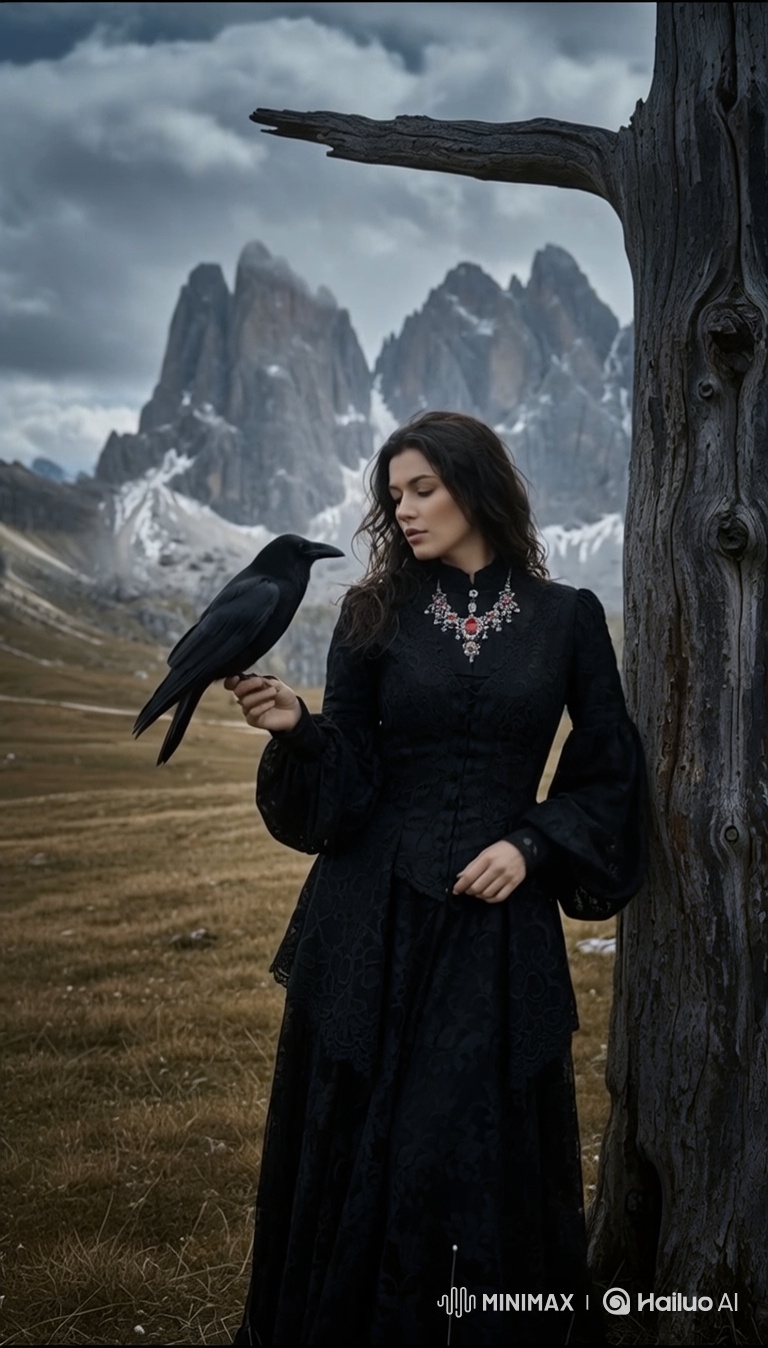 Woman in Lace Dress Contemplates Raven in Dramatic Landscape