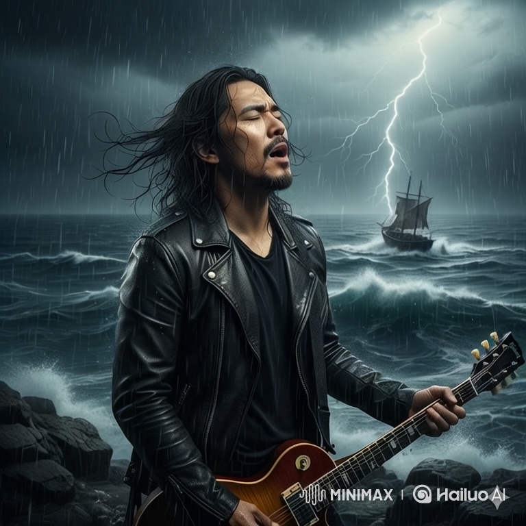 Asian Guitarist Plays in Stormy Sea Montage
