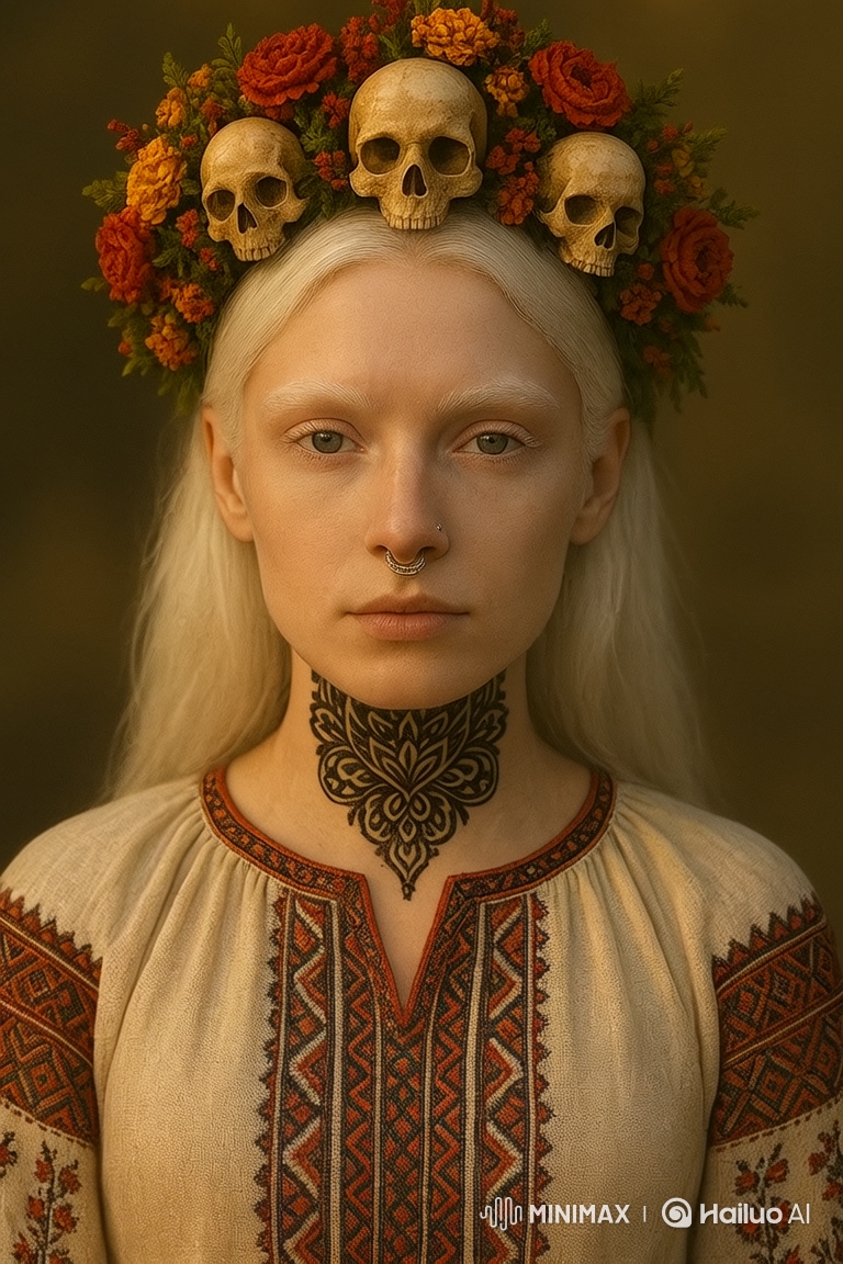 Woman with Flower Crown and Skulls in Slow-Motion Portrait