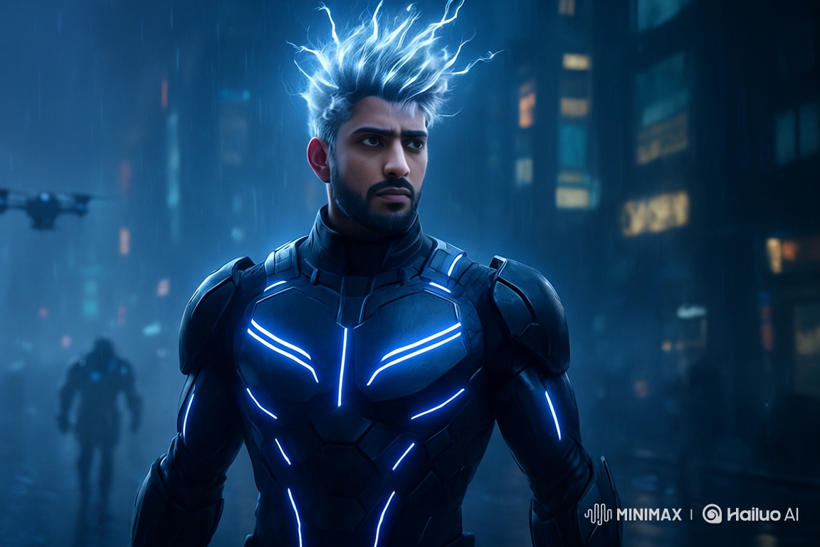 Cyber-Warrior Revives Futuristic Ruins in Rainy Night