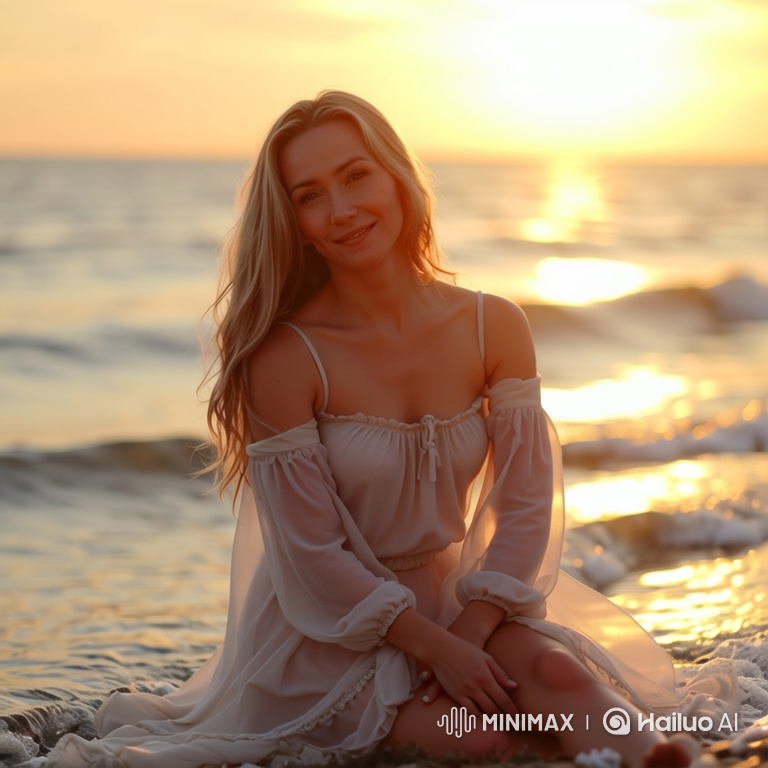 Golden Hour Serenity: Woman in Flowing Dress by the Sea