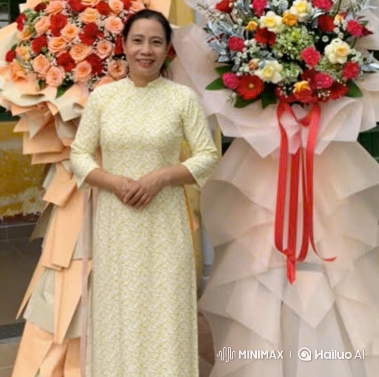 Asian Woman in Traditional Dress Amidst Floral Bouquets