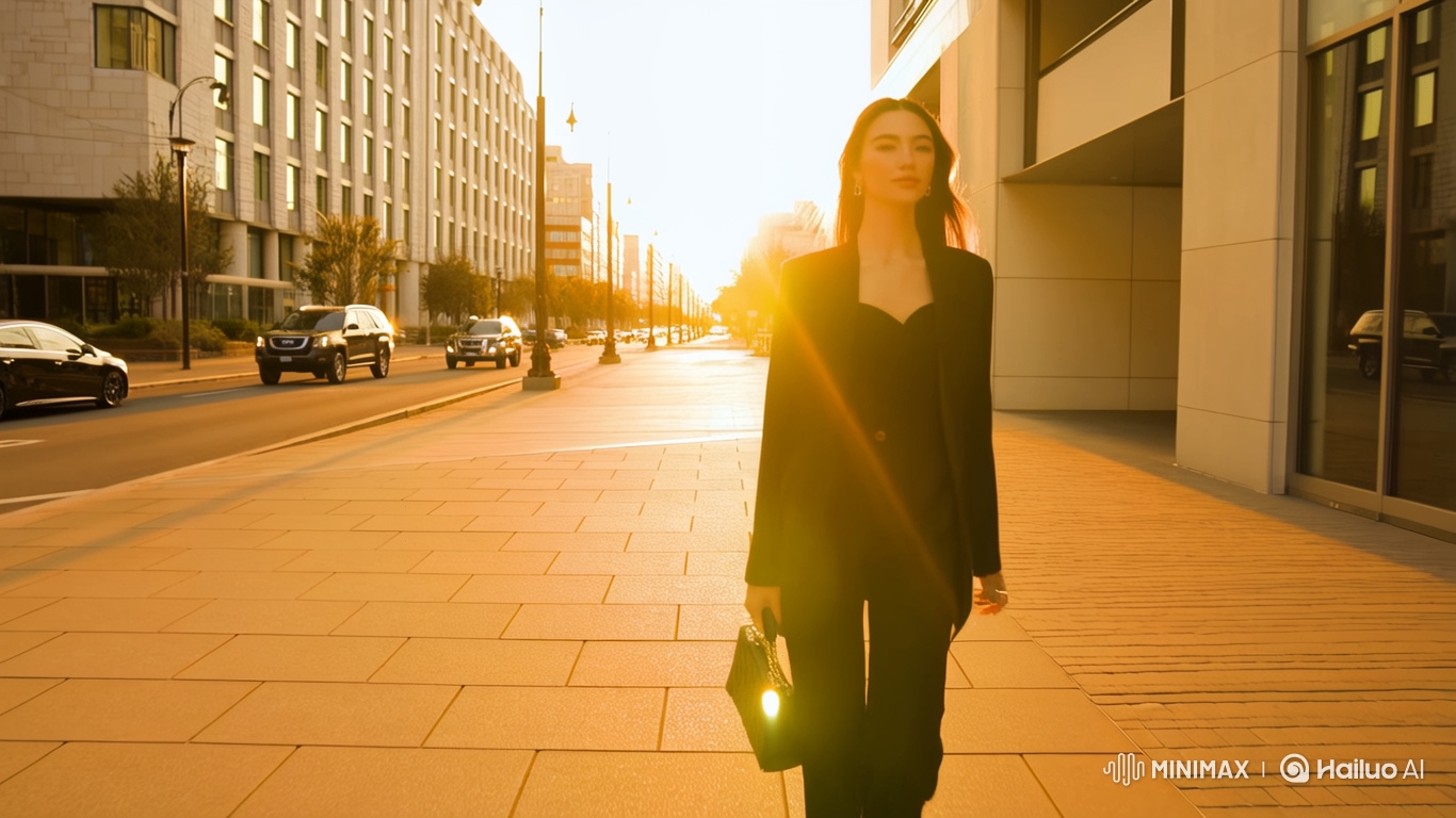 High-Fashion Model's Confident Walk in Golden-Hour Cityscape