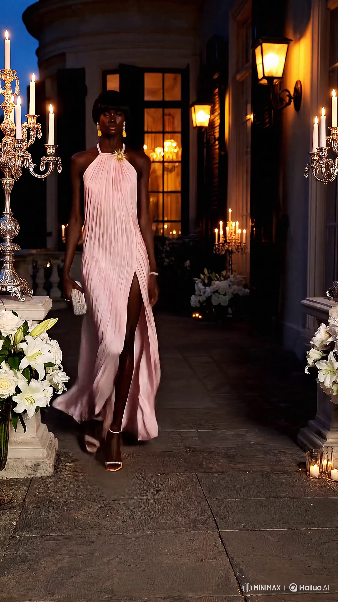 High Fashion Model in Elegant Evening Attire on Mansion Veranda