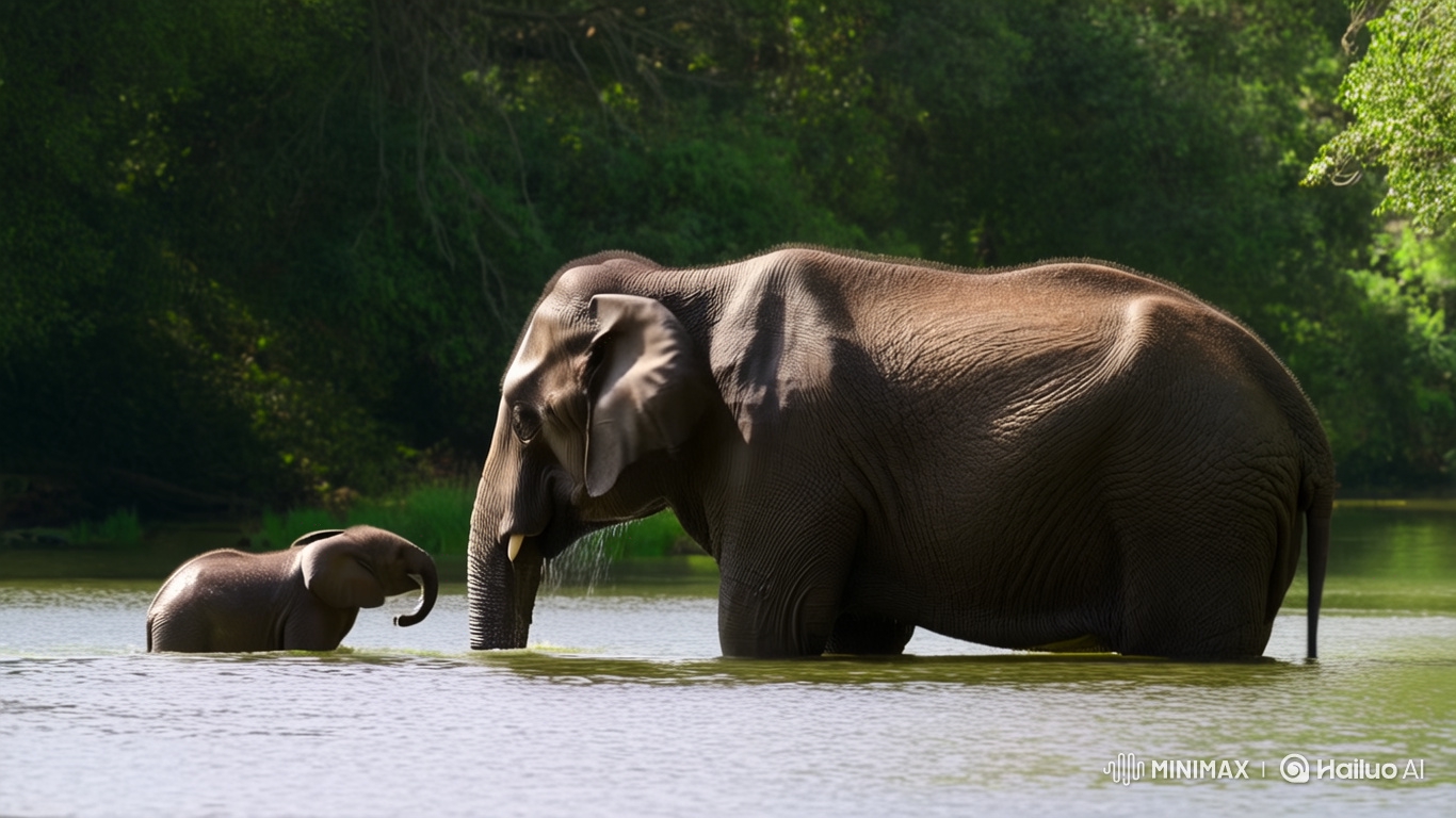 Elephants Bathing in a Sunlit Forest River
