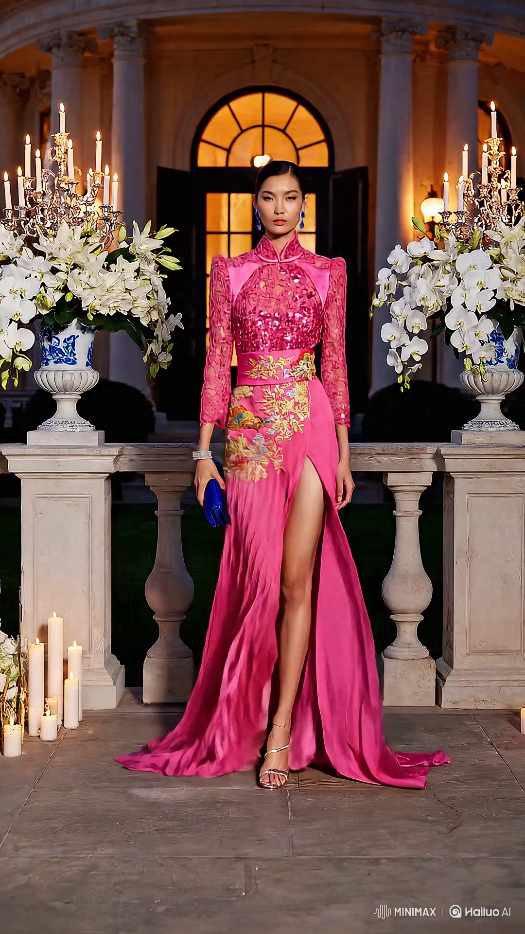 High Fashion Model in Futuristic Evening Gown at Mansion Veranda