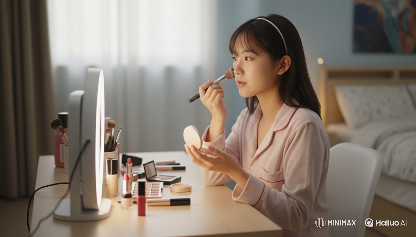 East Asian Woman Applies Makeup in Cozy Bedroom