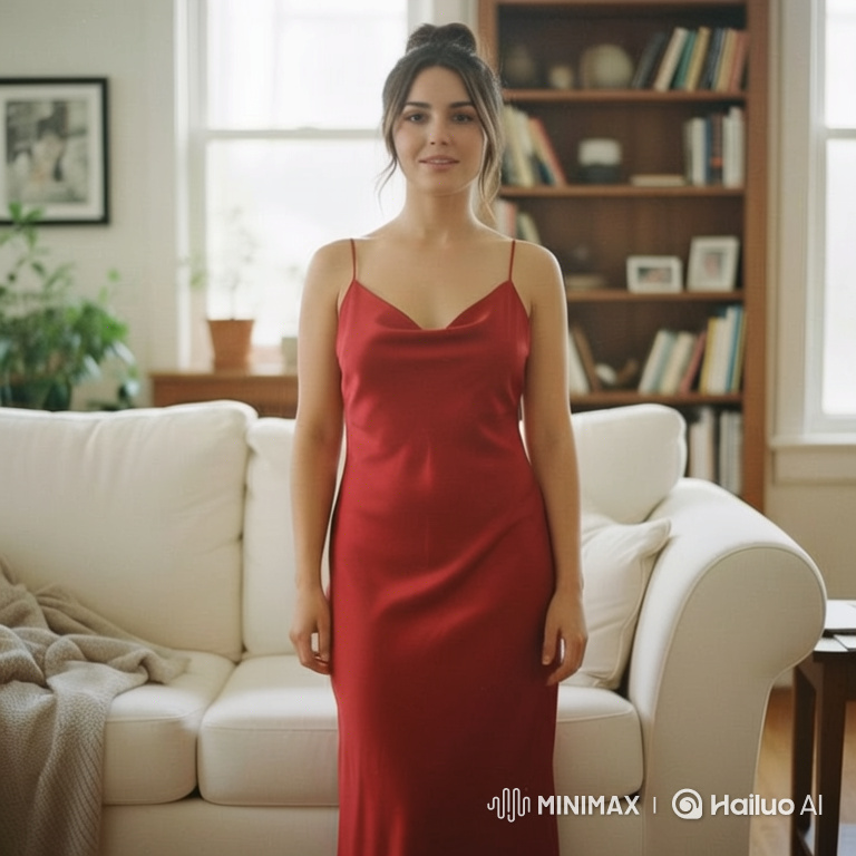 Elegant Woman in Red Dress Dances and Relaxes