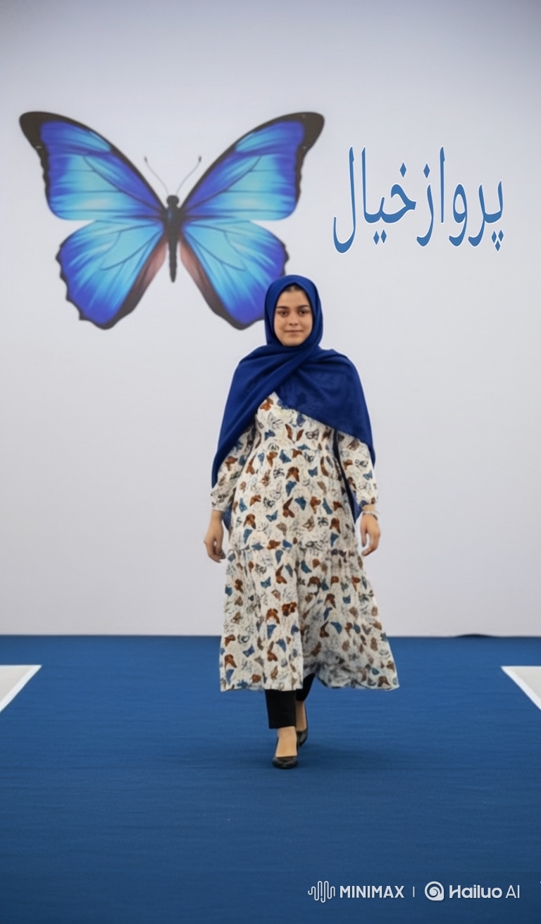 Young Woman in Butterfly Dress Walks with Art Icons