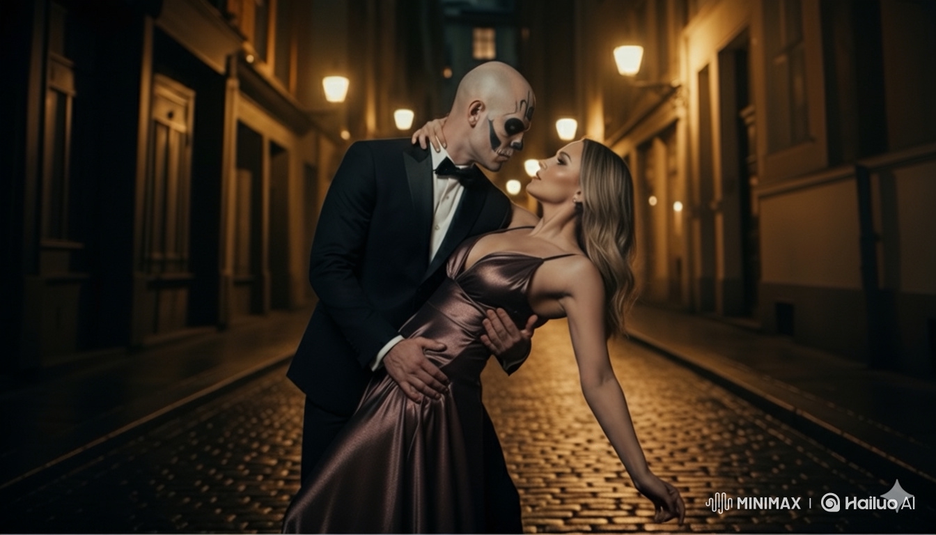 Couple's Intimate Street Waltz with Dramatic Skull Makeup