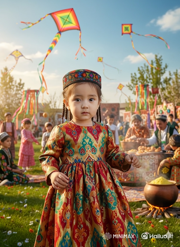 Young Girl in Traditional Dress Amidst Celebratory Atmosphere