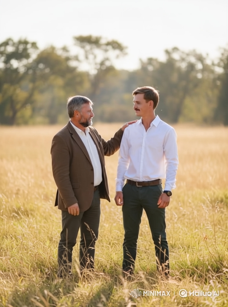 Father and Son Embrace in Sunlit Field