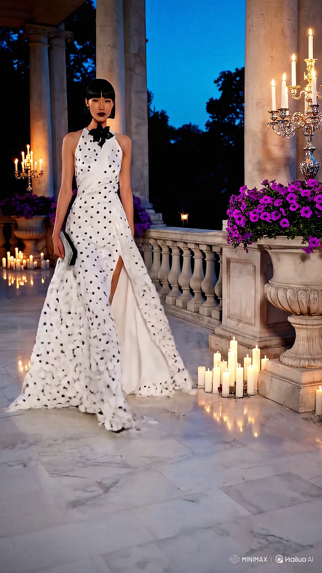 High Fashion Model Showcases Elegant Evening Look on Mansion Terrace