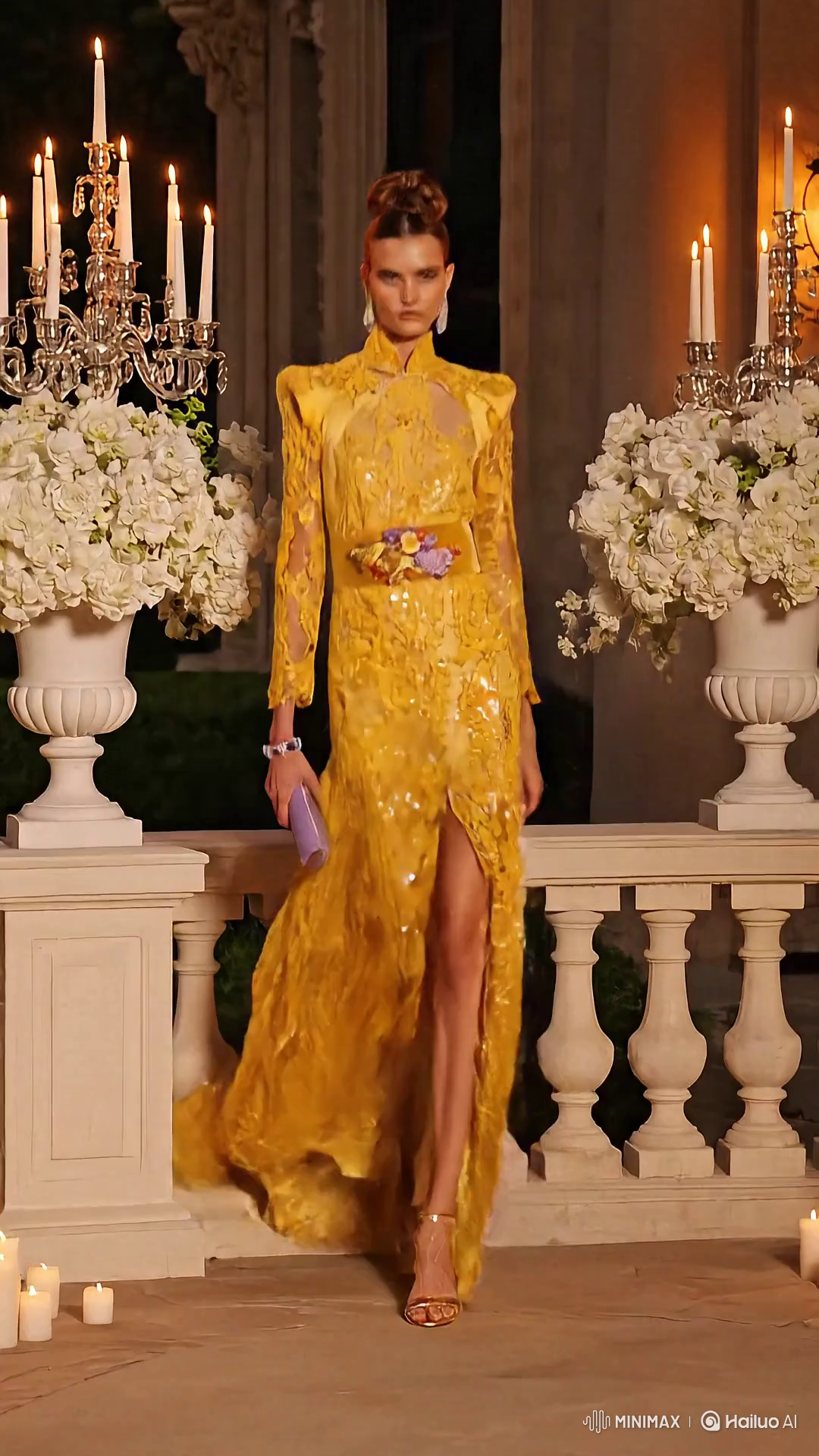 High Fashion Model in Futuristic Evening Dress on Mansion Veranda