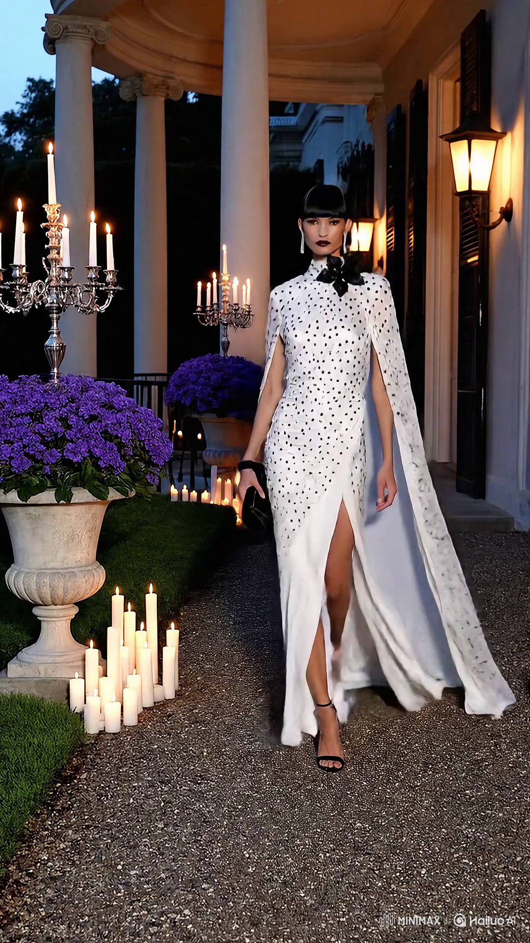 High Fashion Model in Elegant Evening Look at Mansion Veranda