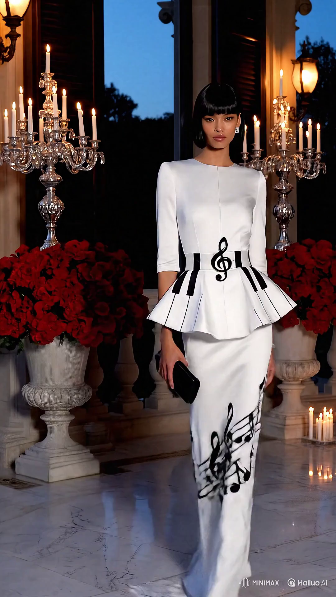 High Fashion Model in Elegant Evening Dress at Mansion Patio