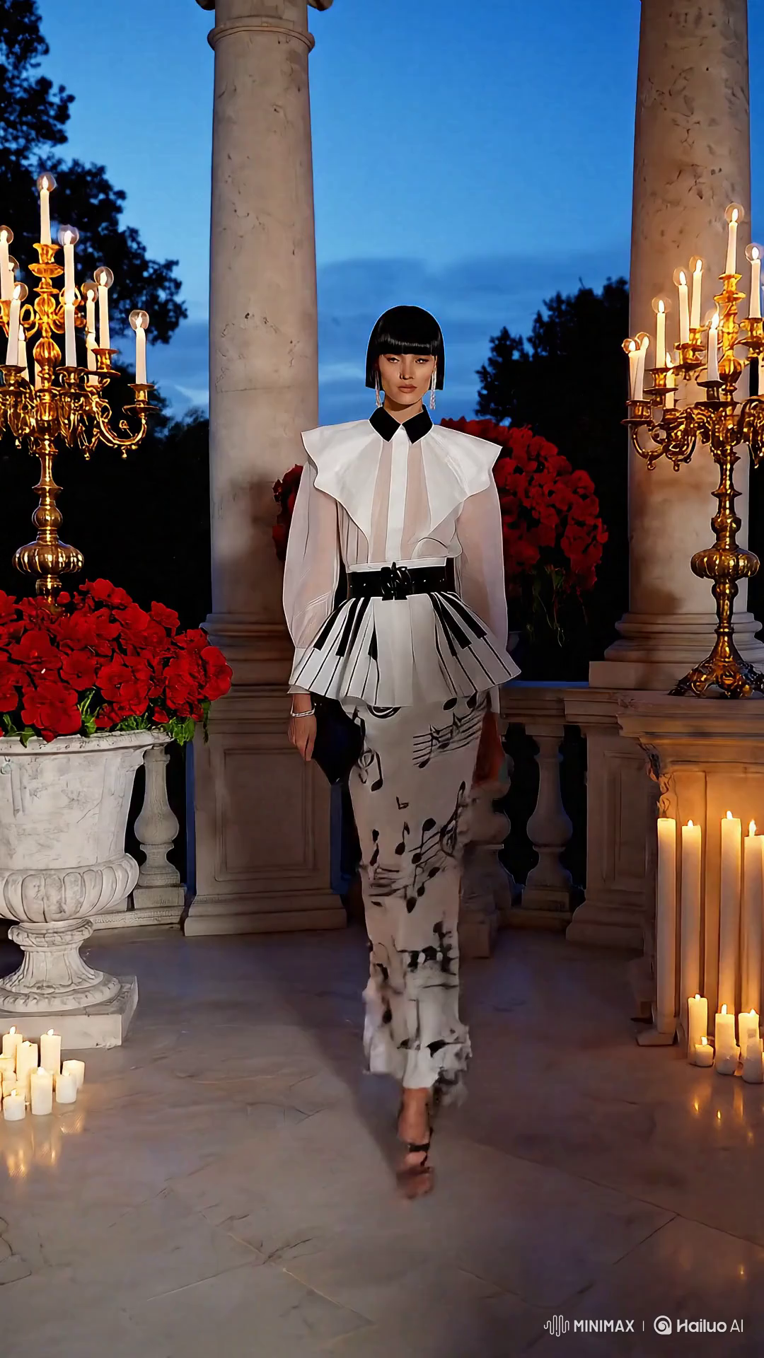 High Fashion Model Showcases Elegant Evening Look on Mansion Veranda