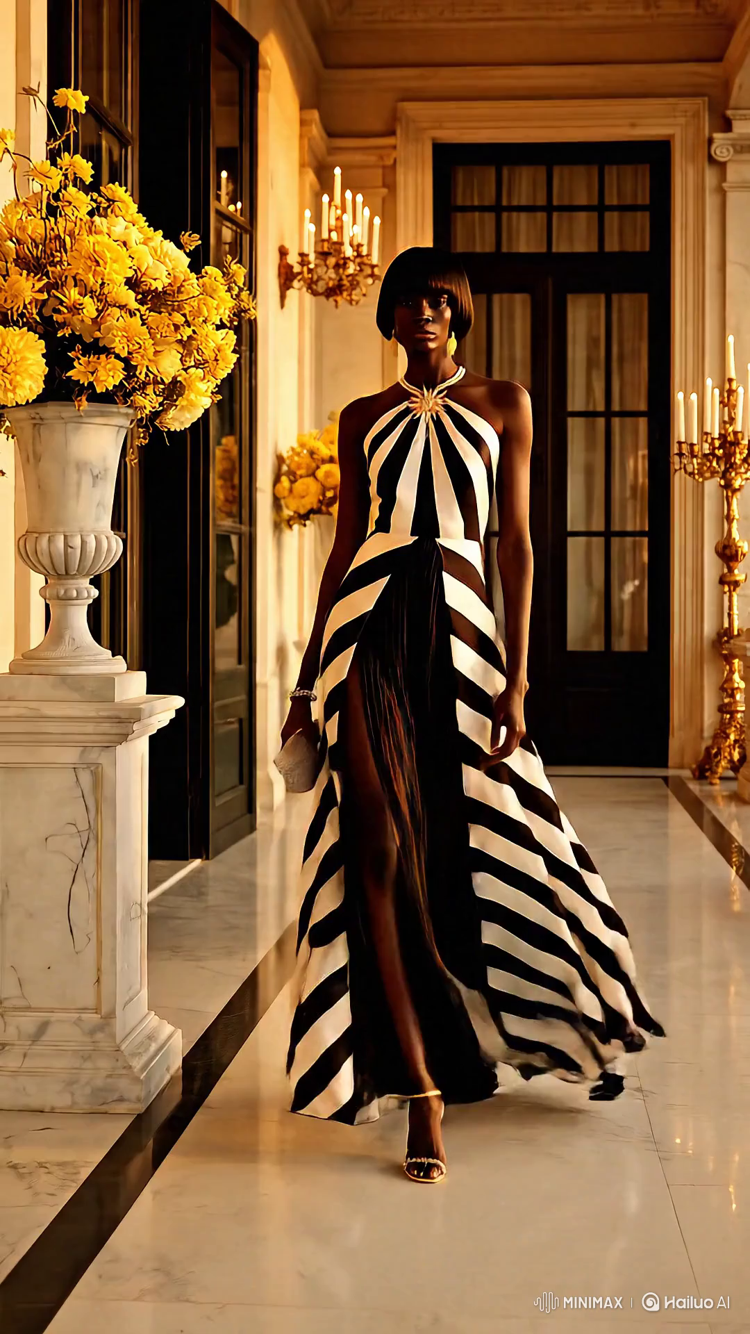 High Fashion Model in Elegant Evening Dress on Mansion Veranda