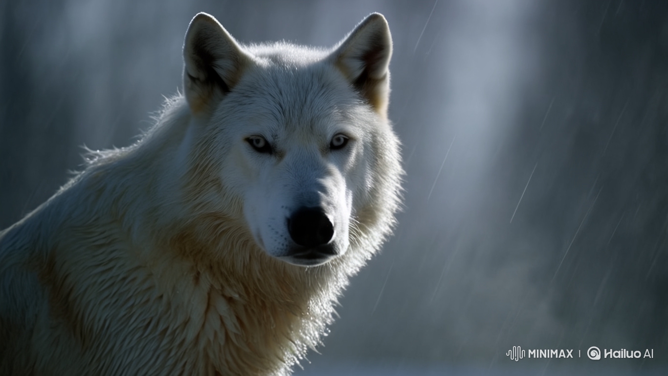 Majestic White Wolf Amidst Rainy Drama