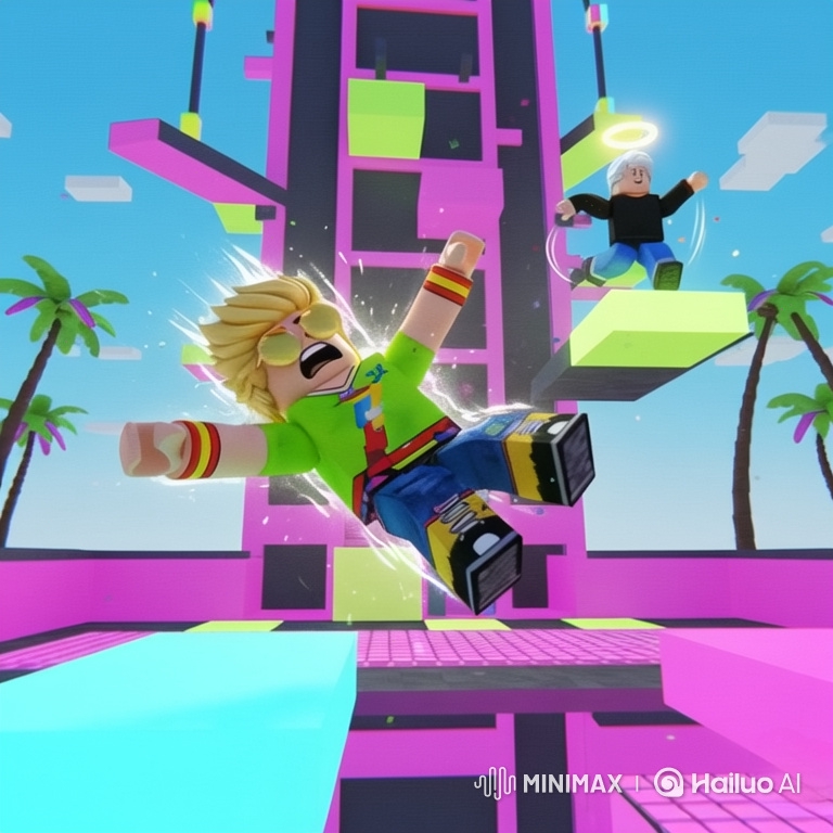 Dynamic Parkour and Dramatic Fall in Roblox-Style World