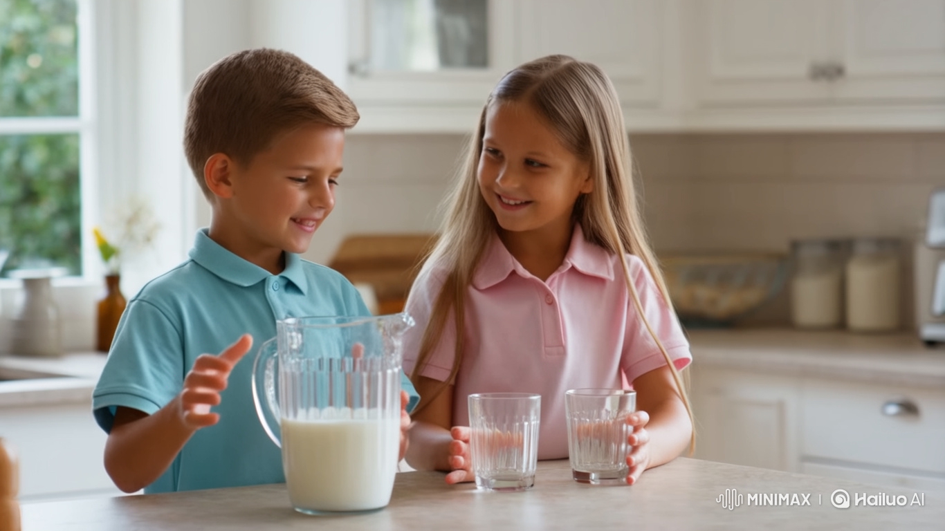 Family Bonding: Siblings Pouring Milk in Modern Kitchen