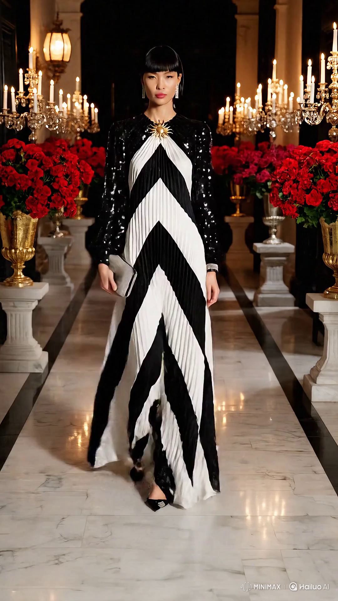 High Fashion Model Showcases Elegant Evening Look on Mansion Terrace