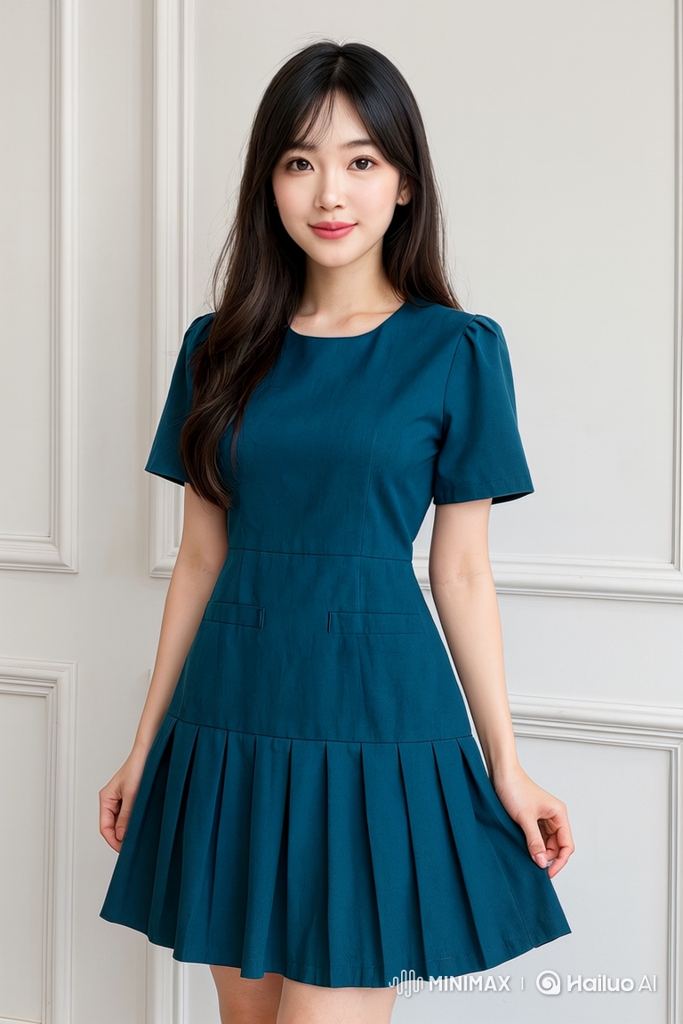 East Asian Woman Poses Playfully in Teal Dress