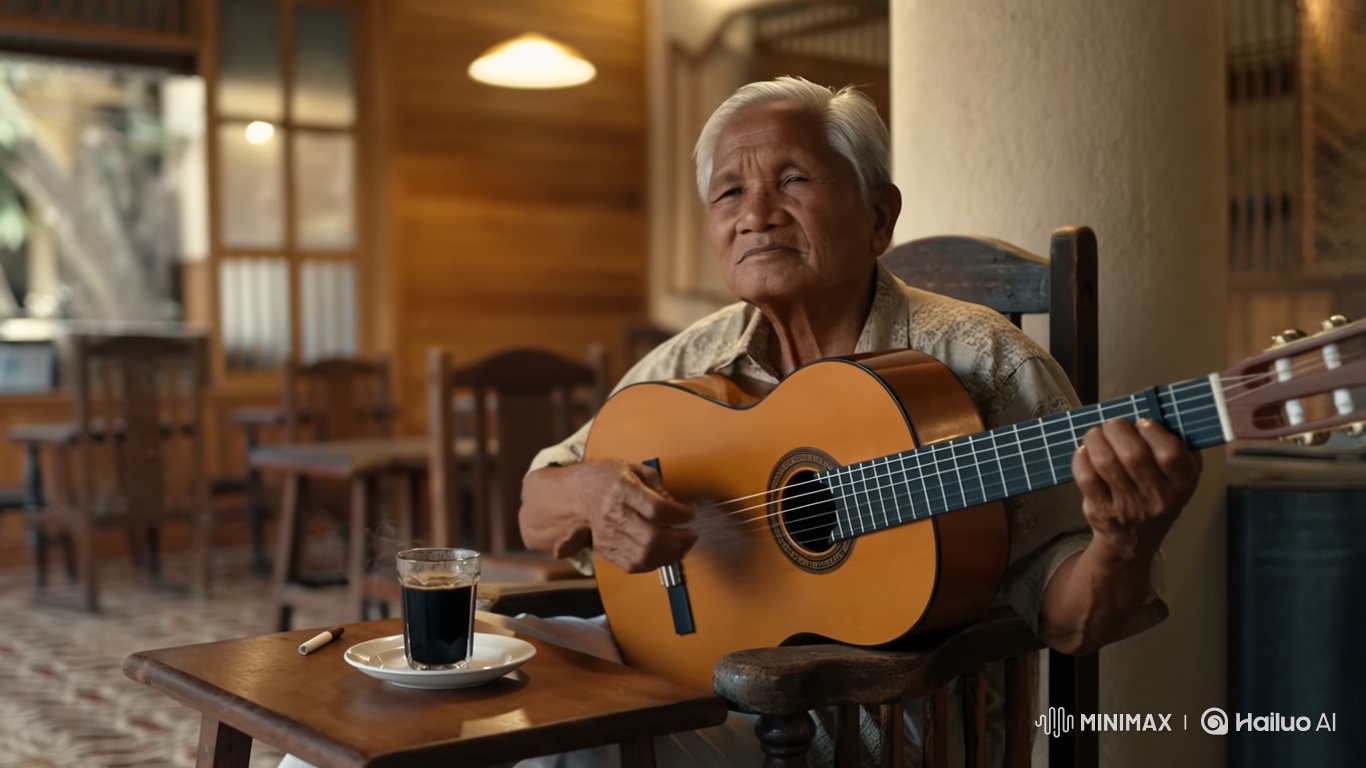 Elderly Man Serenading in Traditional Coffee Stall