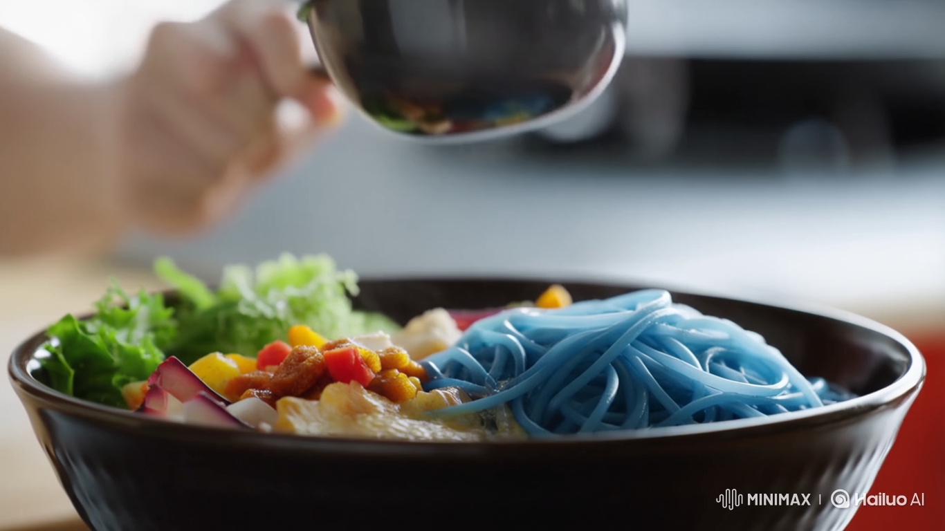 Cinematic Close-Up of Chef Pouring Broth into Vibrant Ramen Bowl