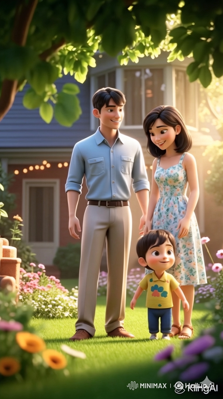 Family Joy: Father, Mother, and Son Play in Sunlit Backyard