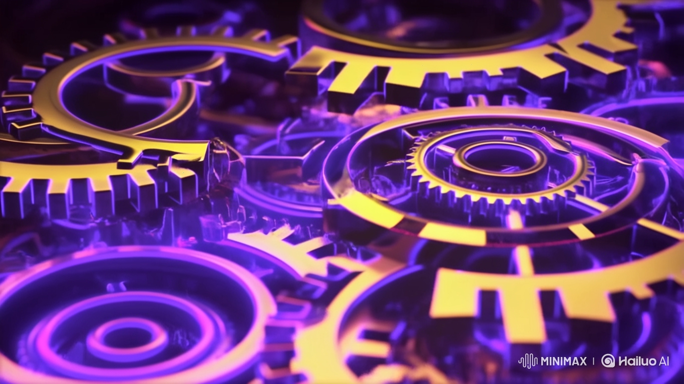 Futuristic Neon Gears Rotating in Industrial Setting