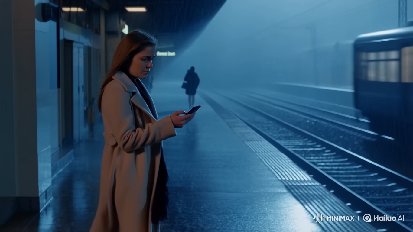 Lonely Figure Hesitates on Foggy Train Station Platform