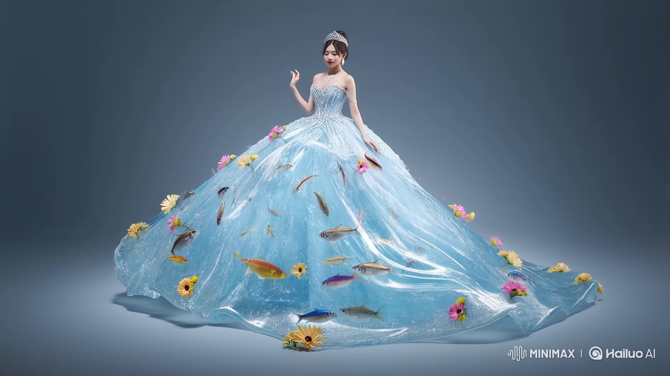Elegant Girl in Swirling Water Dress with Fish and Flowers
