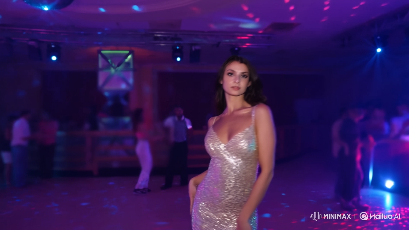 Woman in Shimmering Dress Dances Gracefully on Disco Floor