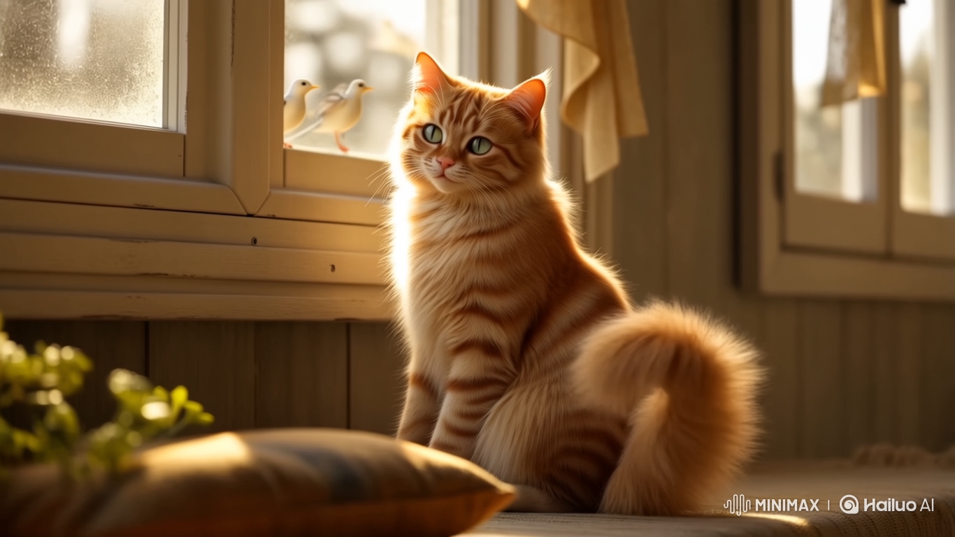 Fluffy Orange Cat Watches Birds from Sunlit Windowsill