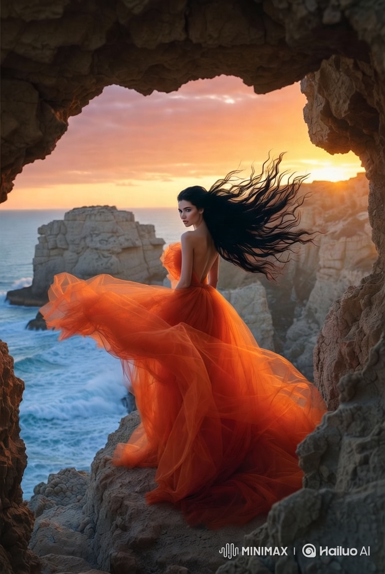 Woman in Orange Gown on Cliff at Sunset
