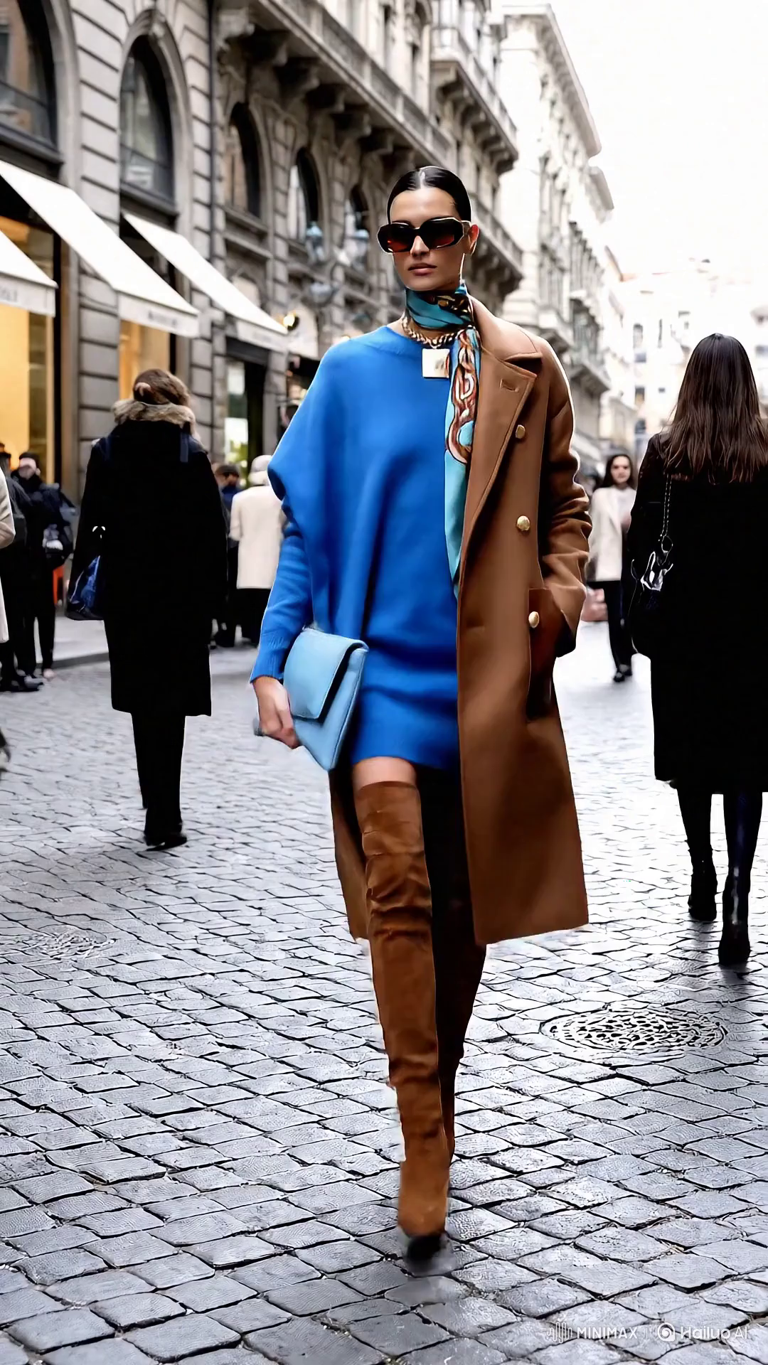 Italian Model in Milan: Chic Brown Cashmere Outfit with Turquoise Accents