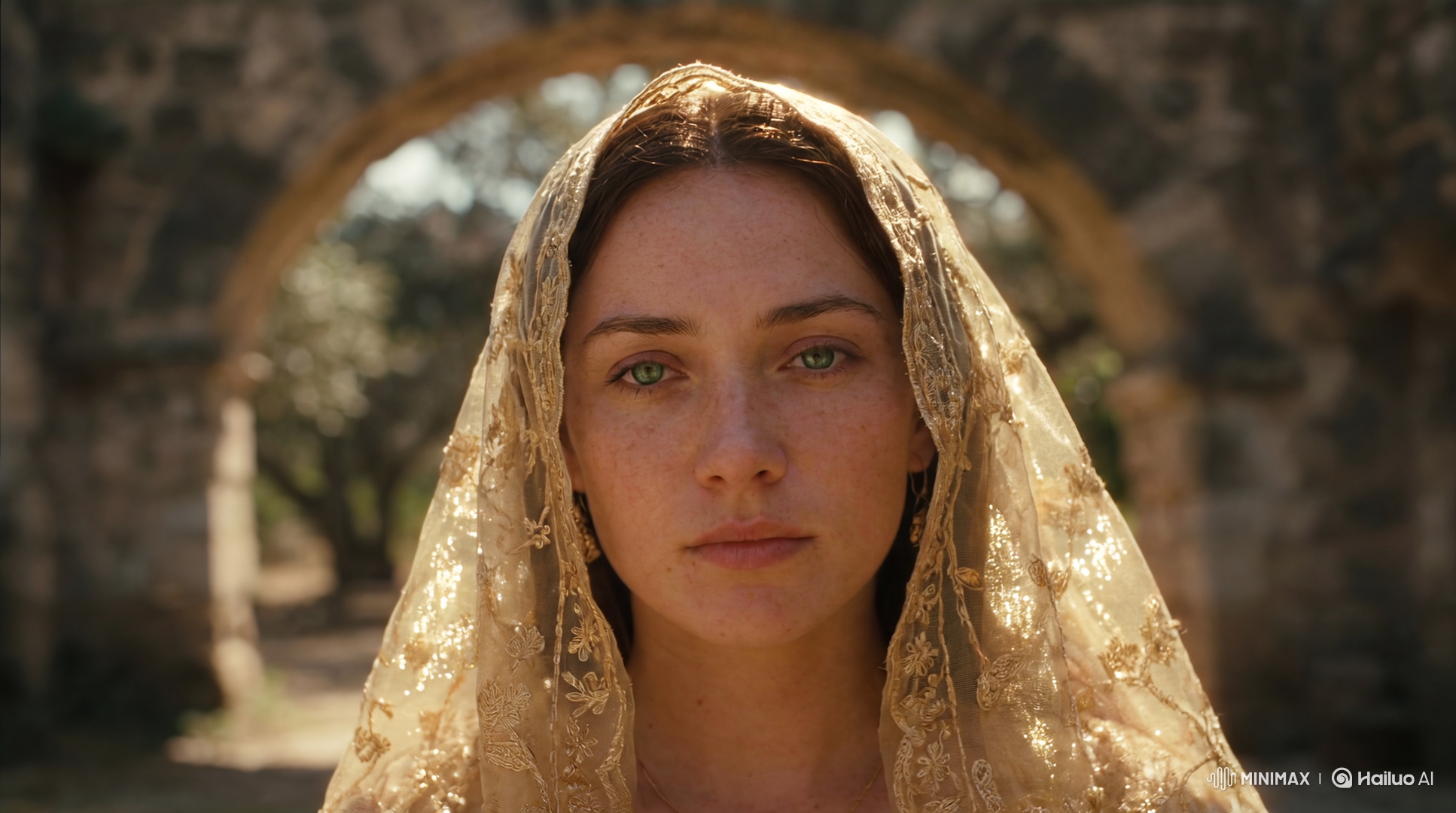 Woman's Serene Portrait Beneath Ancient Stone Arch
