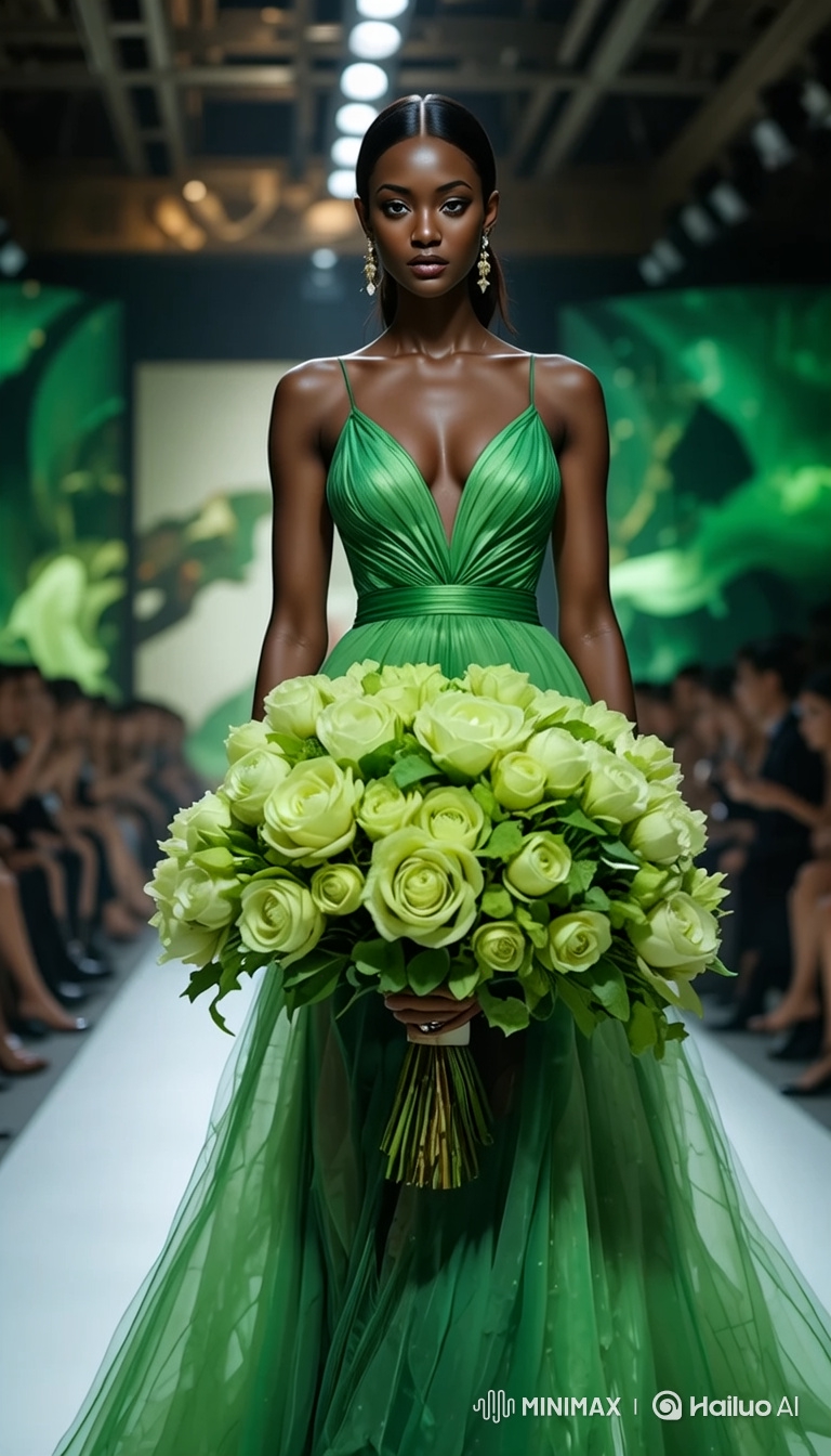 Fashion Show: Model's Dress Transforms with Floating Roses