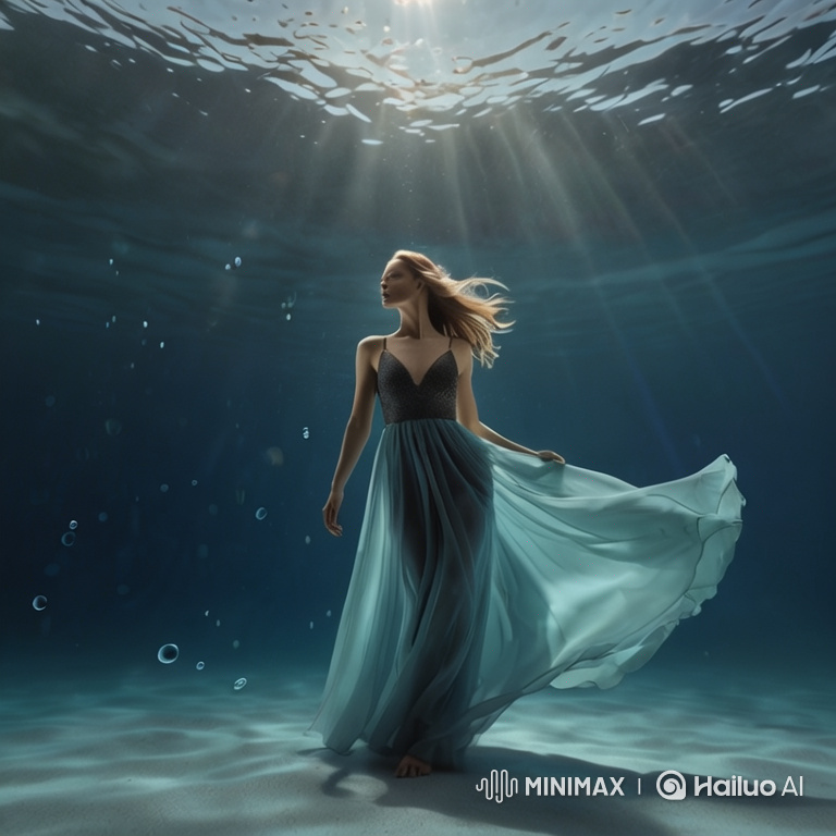 High-Fashion Model's Serene Walk on Ocean Floor