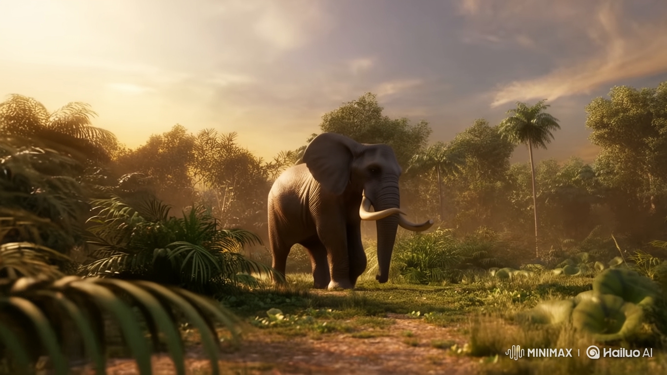 Stylized Elephant Strolls Through Golden Jungle Clearing