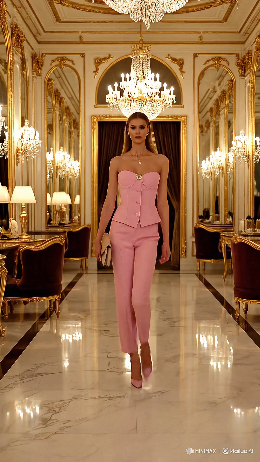 Russian Model in Chic Salon Wearing Pink Outfit