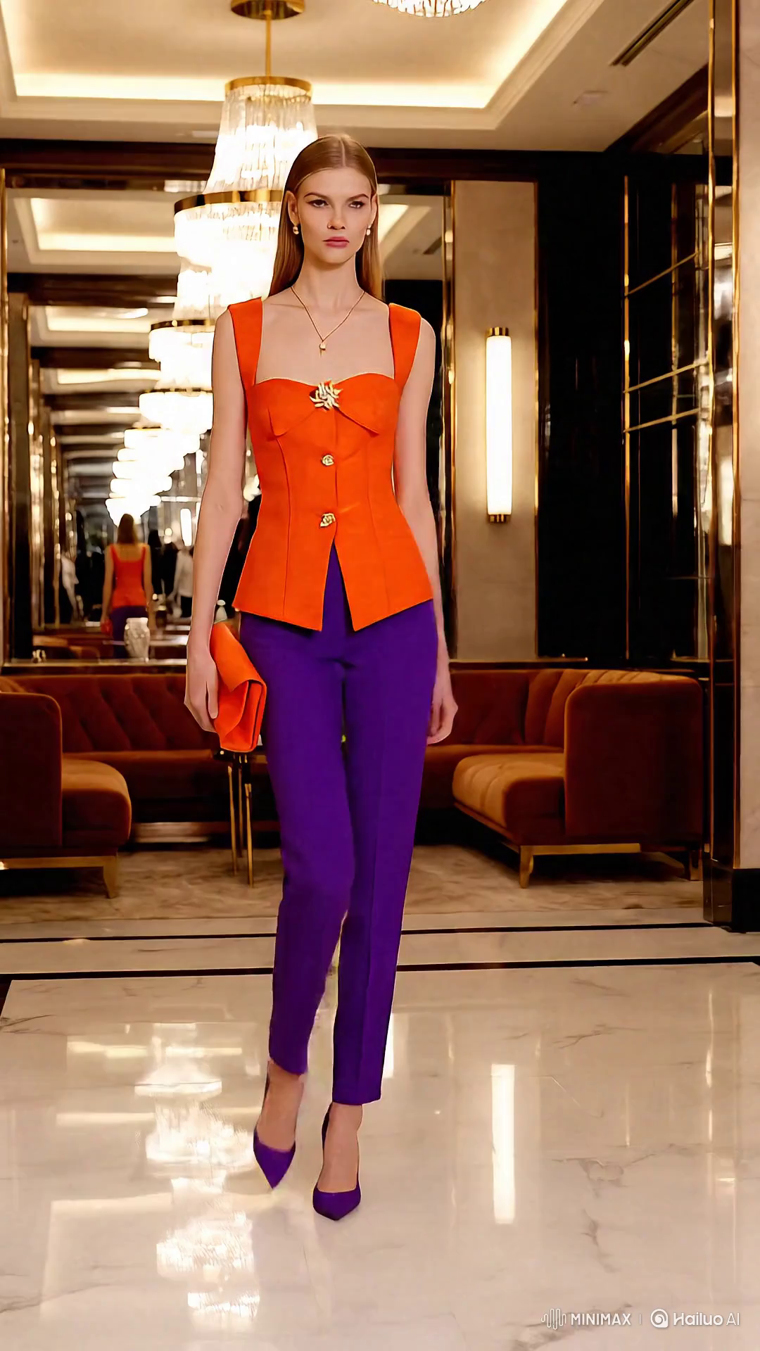 Russian Model in Chic Orange Dress and Purple Outfit