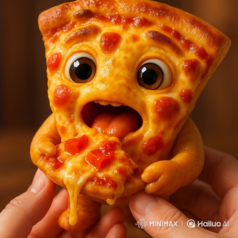 Anthropomorphic Pizza Slice Enjoys a Bite in Slow Motion