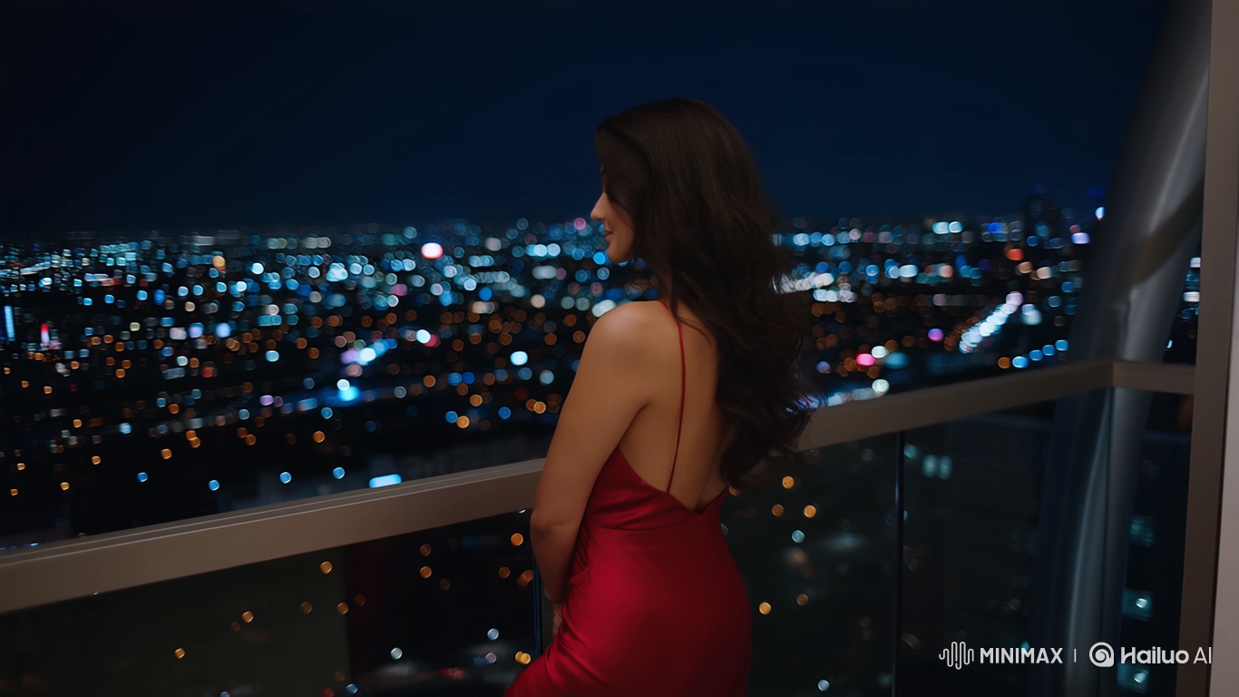 Stunning Woman in Red Dress on Balcony at Night
