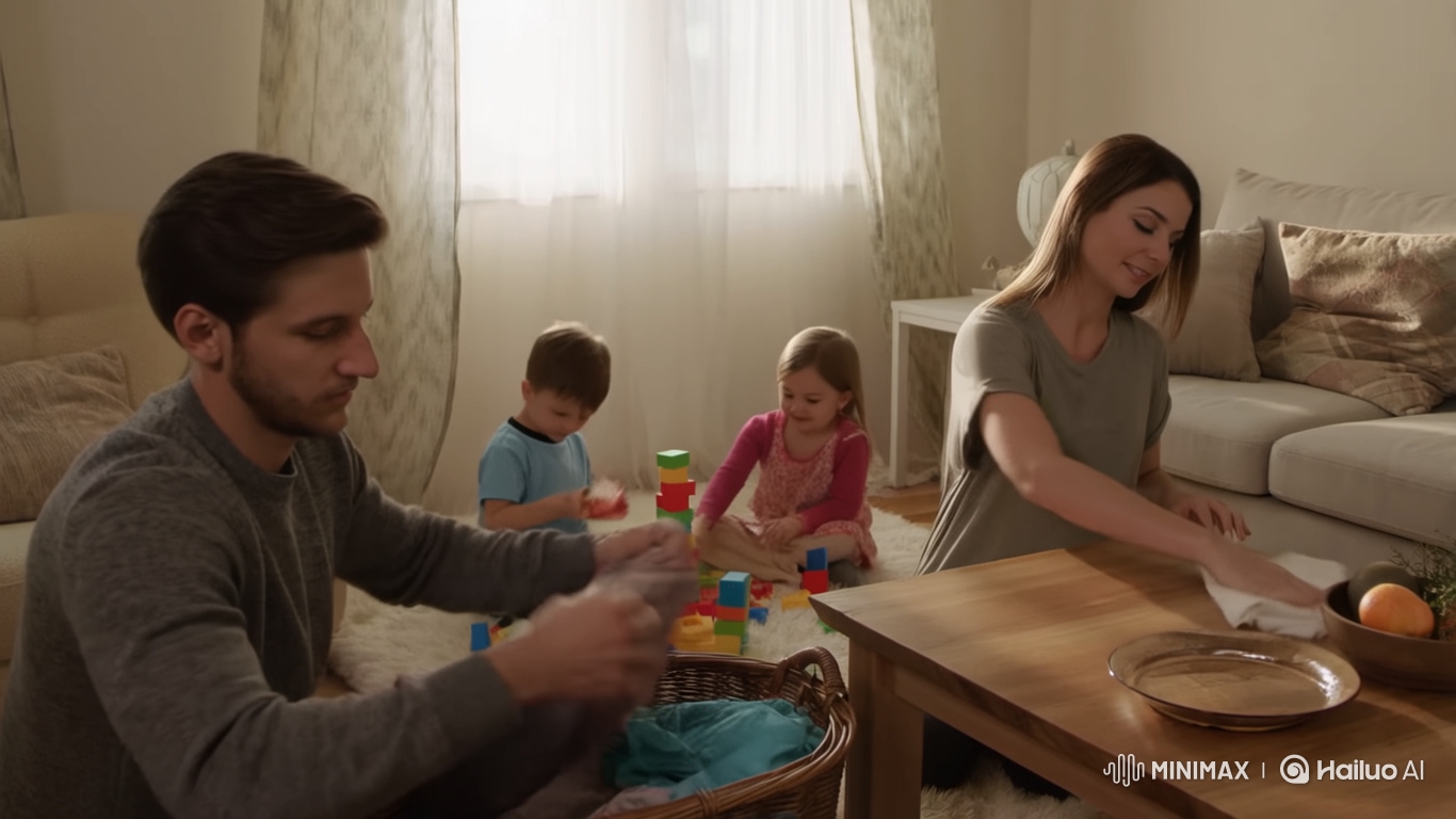 Couple & Kids Share Cozy Home Chores Moment