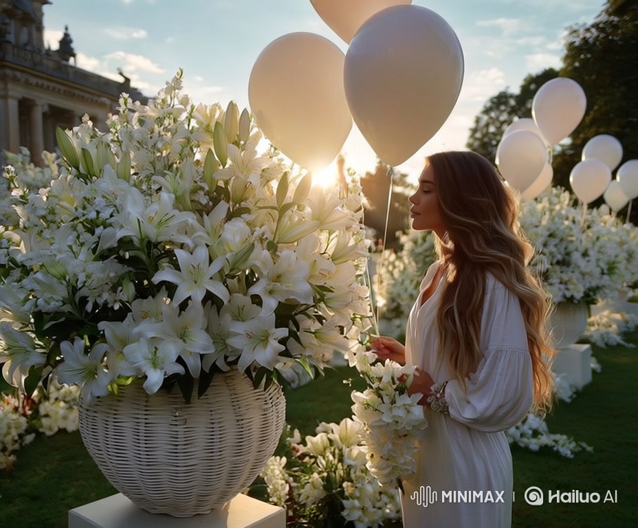 Woman in White Gown Releases Balloons in Sunlit Garden