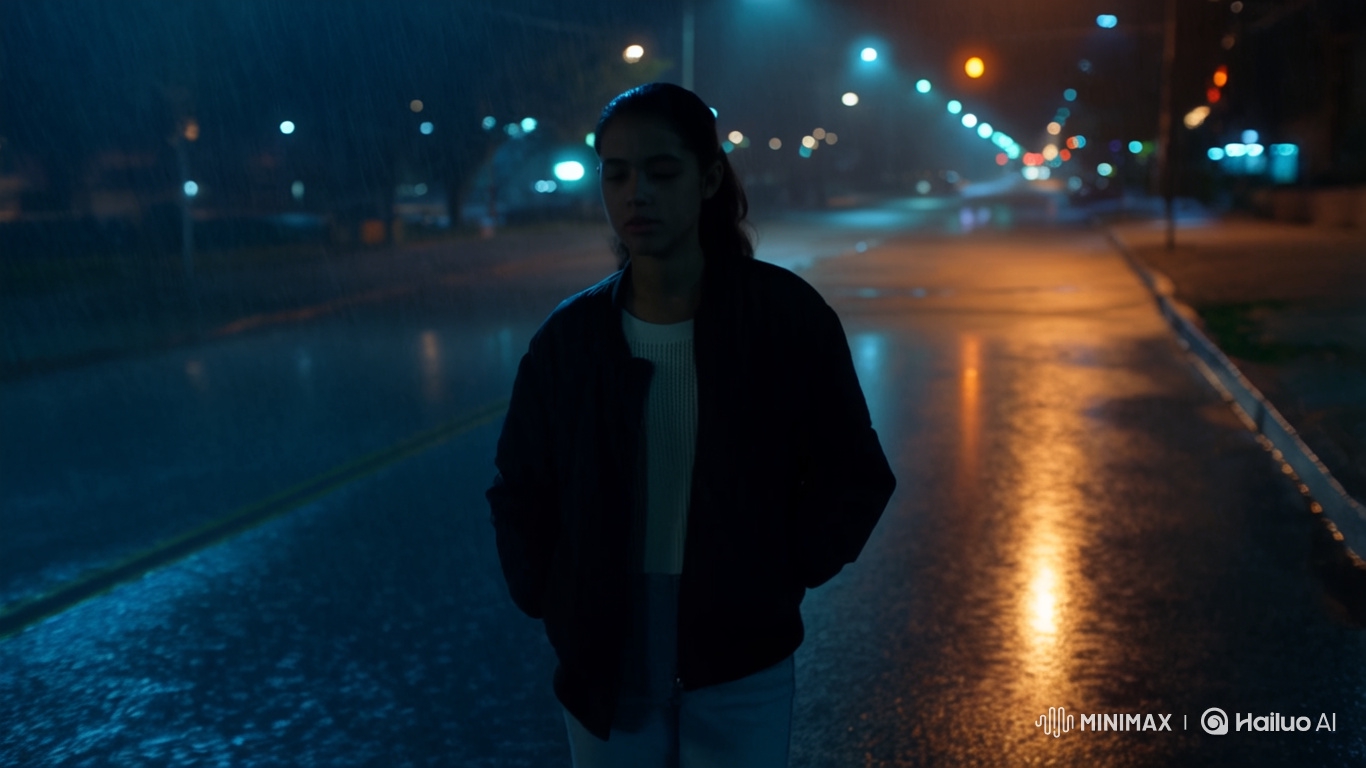 Contemplative Walk in a Rainy, Nocturnal Cityscape
