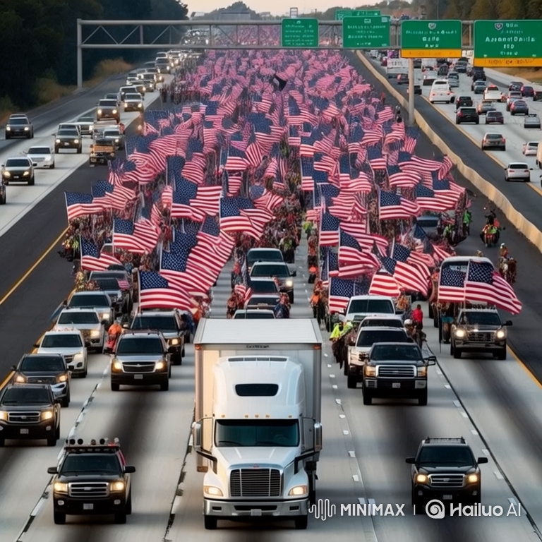 4K Aerial Parade of Patriotic Vehicles on Golden Hour Highway